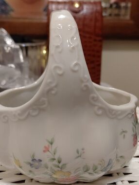 Vintage Pastel Floral Porcelain Handle Basket, Signed "JAPAN"